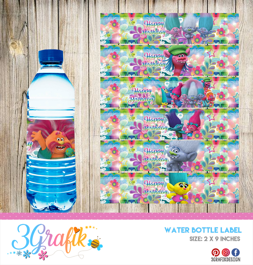 Trolls – Water Bottle Label – Printable - 3Grafik