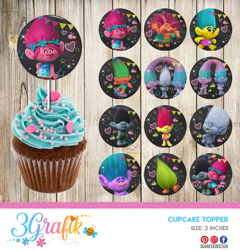 Trolls Cupcake Decorating Set of 12pcs Toppers /Picks And 12pcs Wrappers