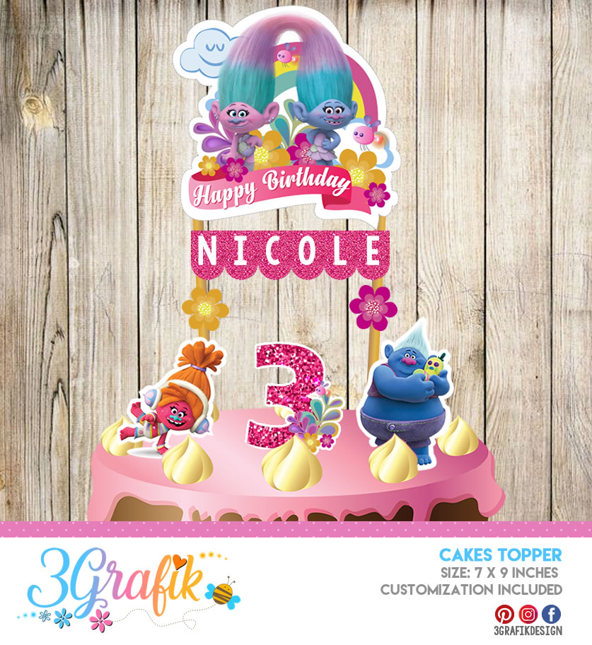Trolls Cake Topper Pennant Printable 3Grafik