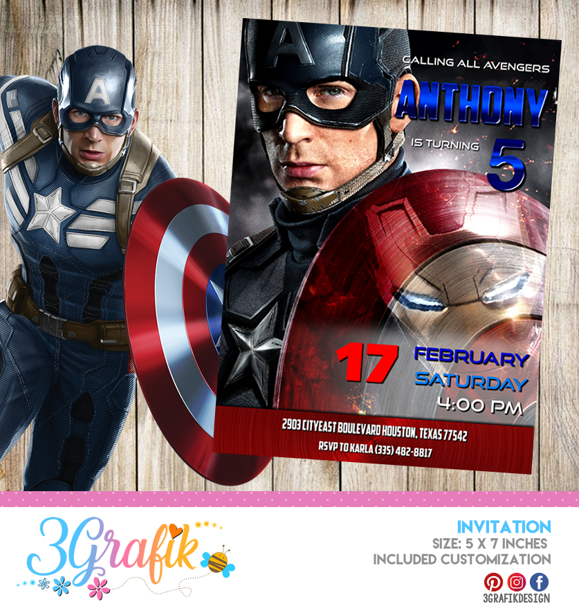 ~ Avengers Birthday Party Supplies Invites Cards CAPTAIN AMERICA INVITATIONS 8 