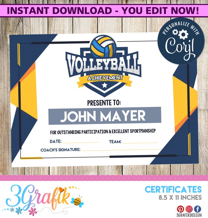 EDITABLE Volleyball Certificate