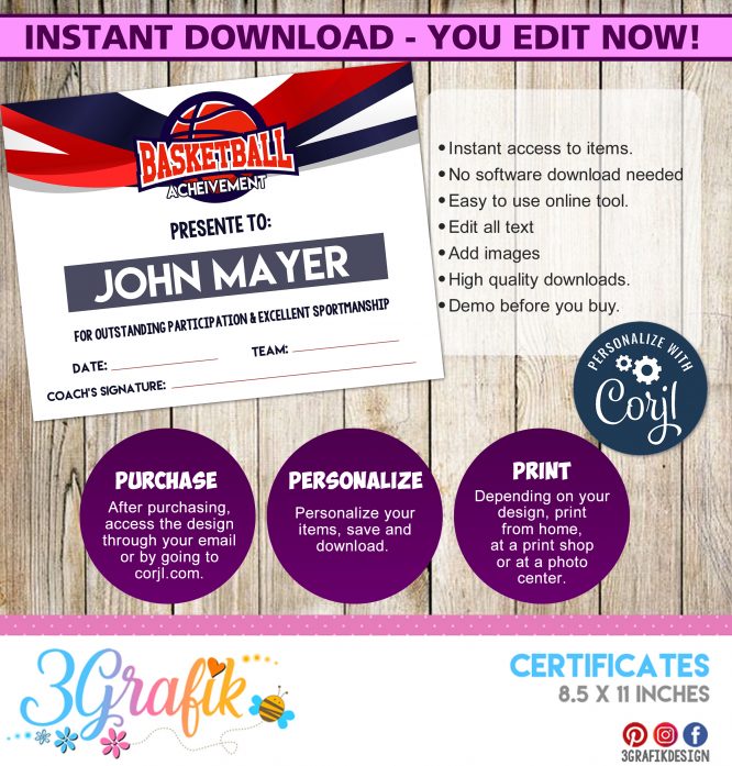 Basketball Digital Template Certificate