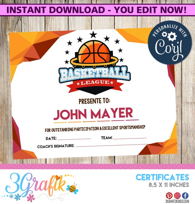 EDITABLE Basketball Certificate