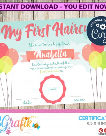 EDITABLE Girl First Haircut Certificate