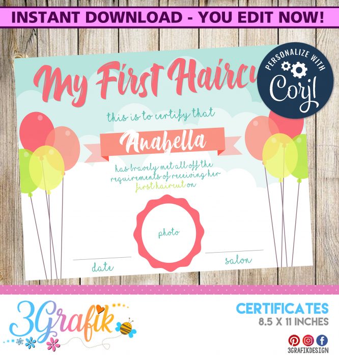 EDITABLE Girl First Haircut Certificate