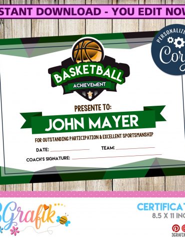 EDITABLE Basketball Certificate