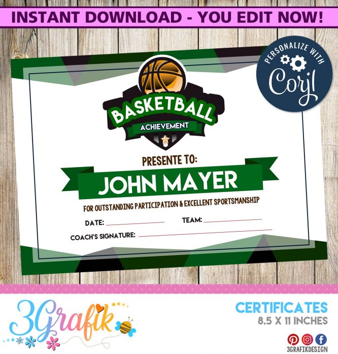 EDITABLE Basketball Certificate