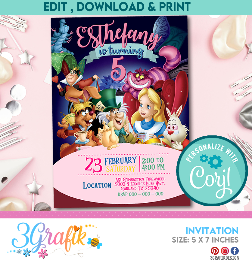 Alice in Wonderland Invitation with Photo - Edit Online Now