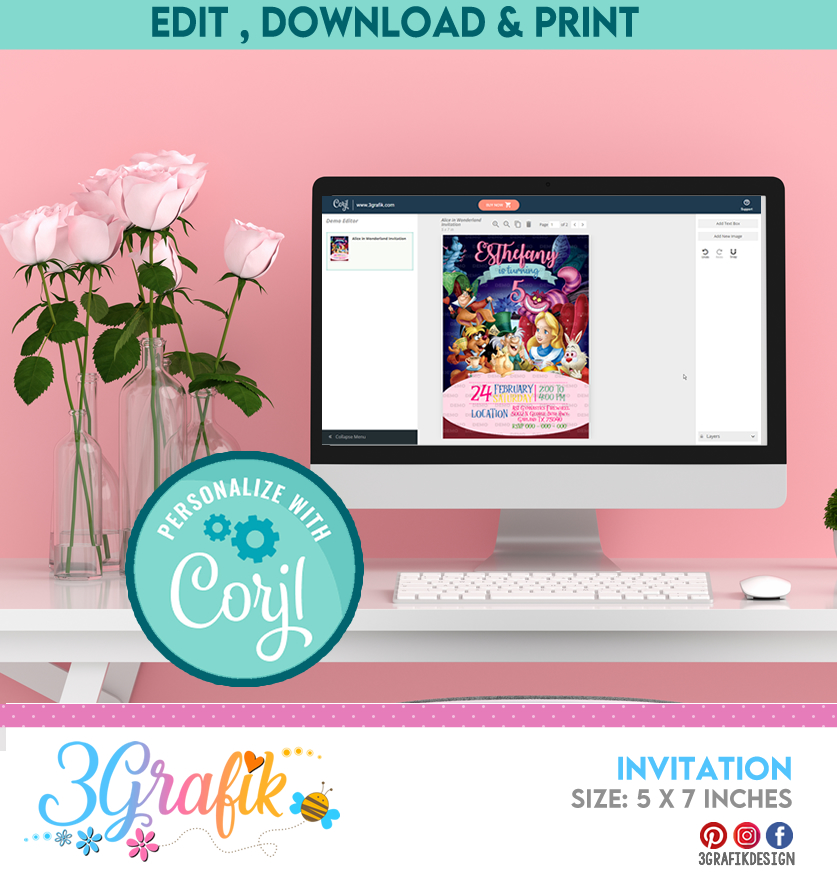 Alice in Wonderland birthday invitation editable template - Edit