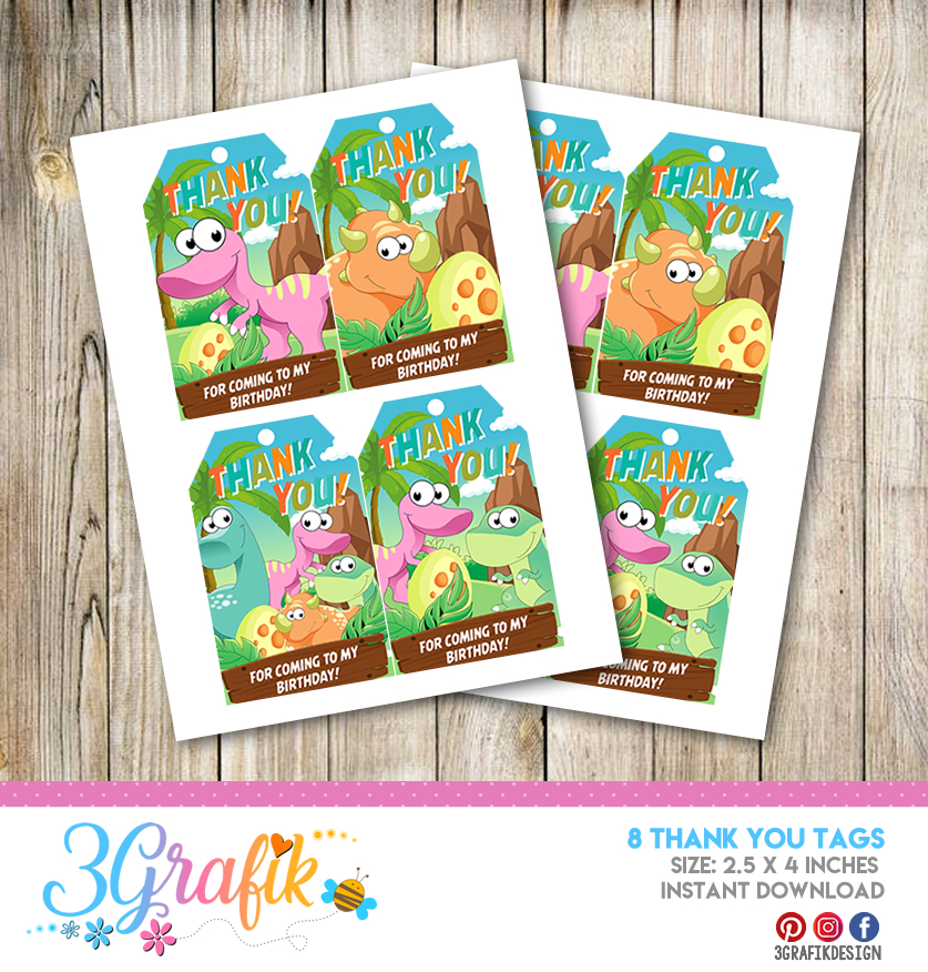 Dinosaur Party Favor Tags Template, Printable Dino Thank You Tags