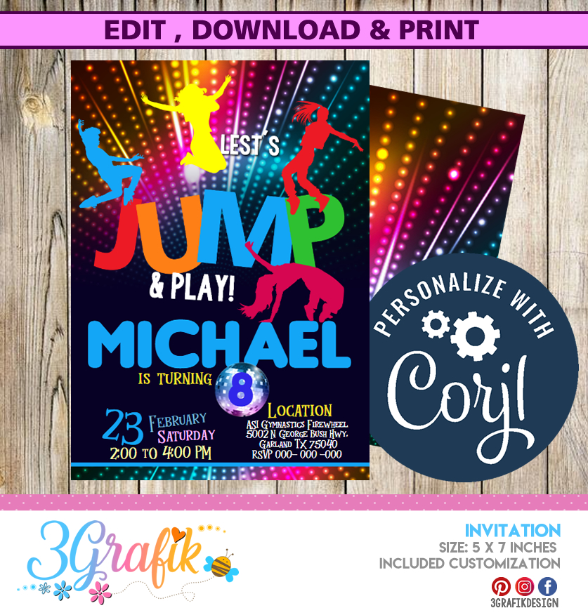 Editable Jump Birthday Party Invitation Tie Dye Jump Birthday Party Glow Jump Trampoline Party Let's Jump Party Instant Editable File TN