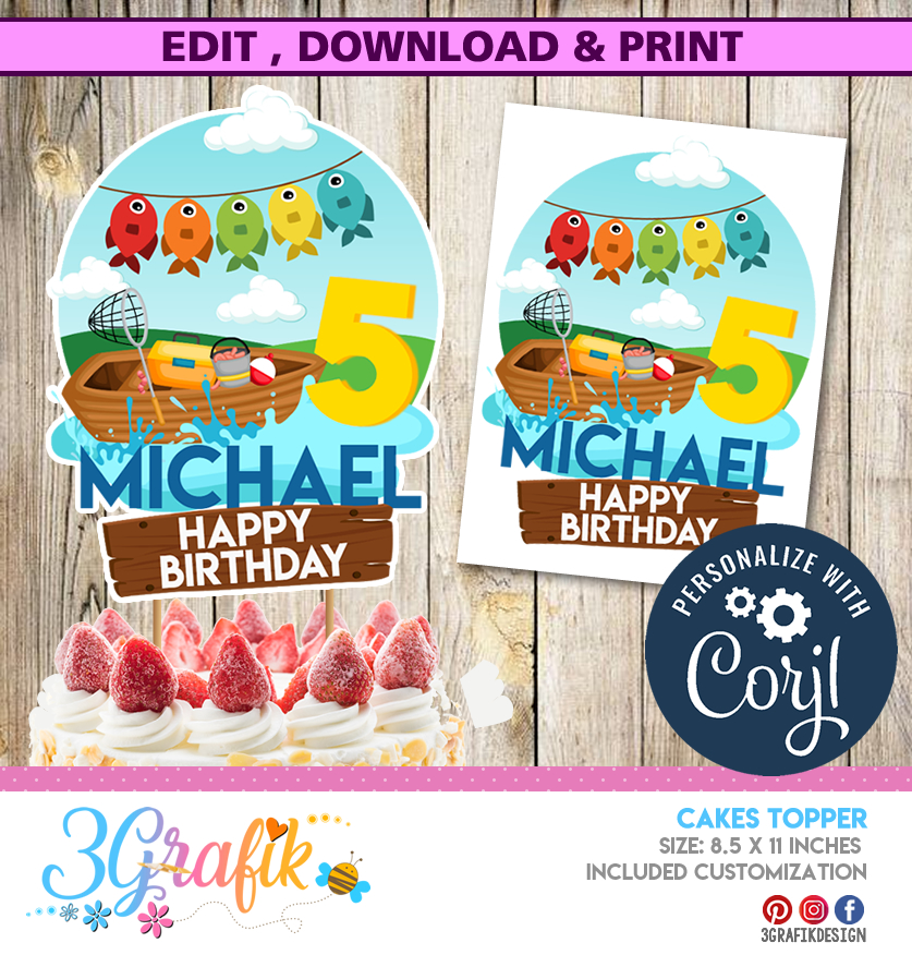 Fishing - Birthday – Cake Topper– Printable - 3Grafik