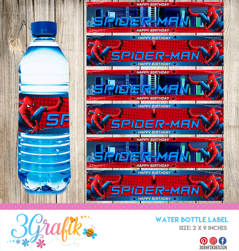 Personalized Spiderman Theme Water Bottle Label available at The