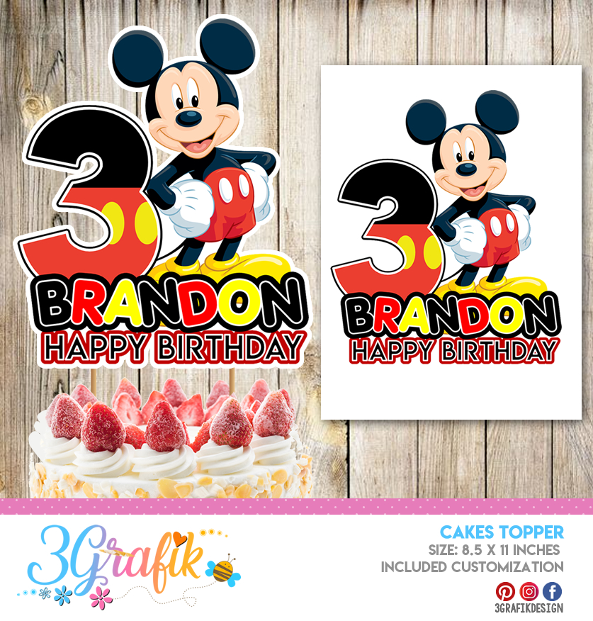 Printable Mickey Mouse Birthday Cake Topper. Custom Name & Age