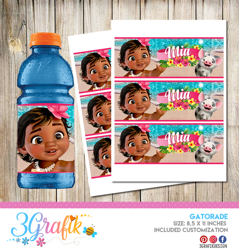 ▷ Baby Moana Gatorade Label, Moana party supplies