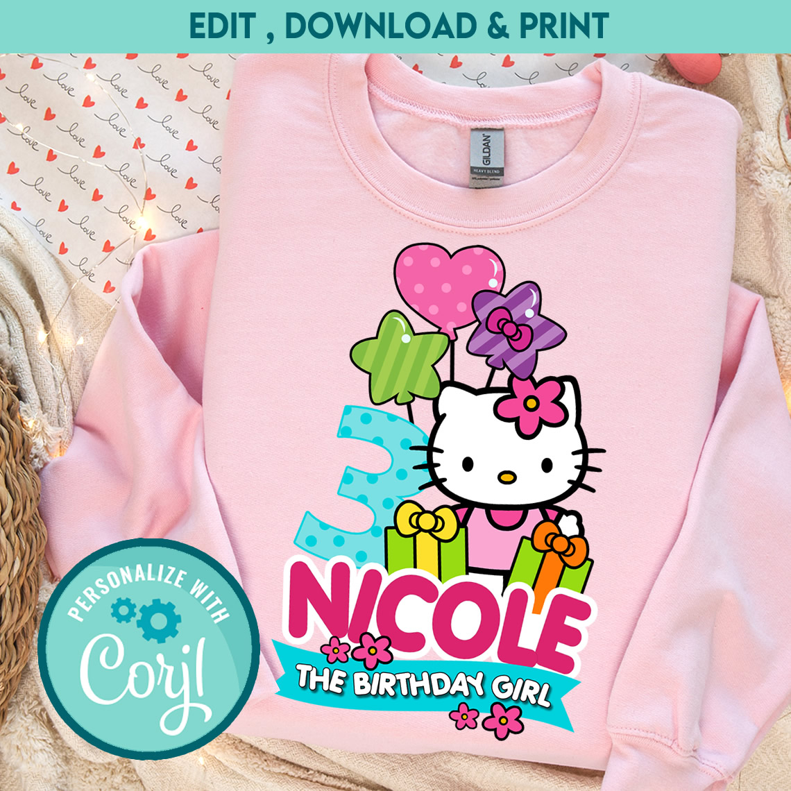 Editable Hello Kitty Birthday Family Iron-On Transfers