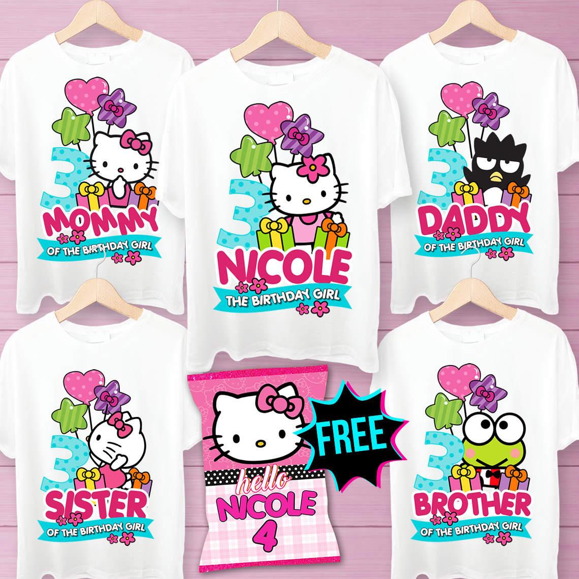Editable Hello Kitty Birthday Family Iron-On Transfers
