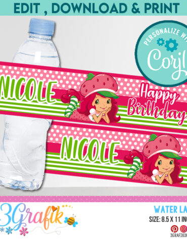 Editable Strawberry Shortcake Water Bottle Label – Printable Party Decoration