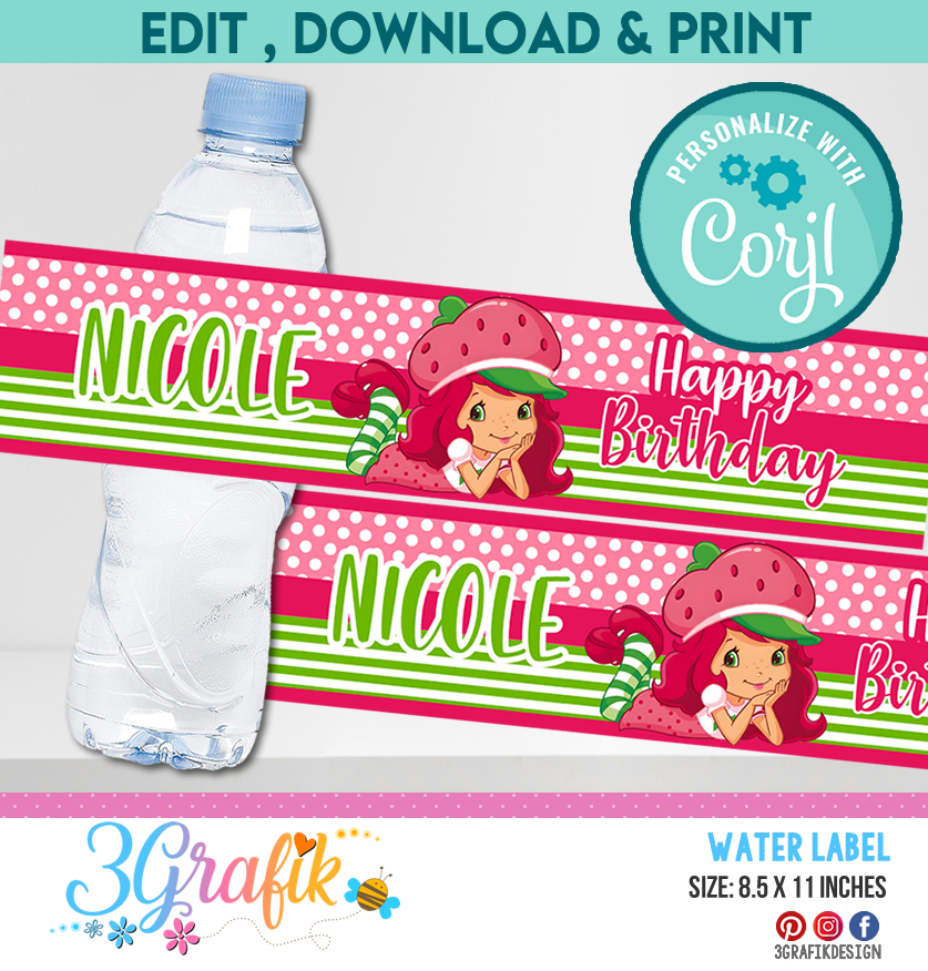 Editable Strawberry Shortcake Water Bottle Label – Printable Party Decoration