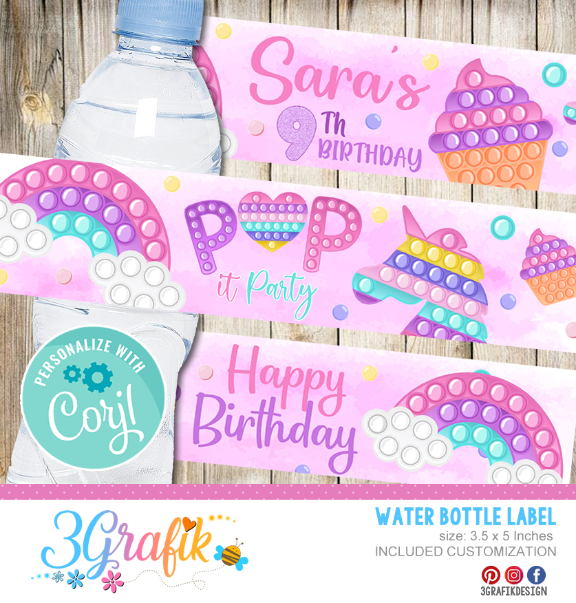 Personalized Pop It Theme Water Bottle Label