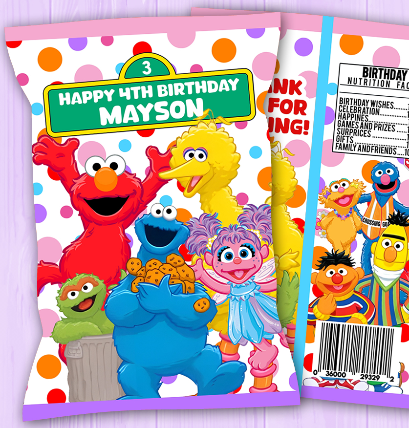 Editable Sesame Street Chip Bag Template | Sesame Street Birthday Party Favor Bag Printable | Elmo & Cookie Monster Treat Bag