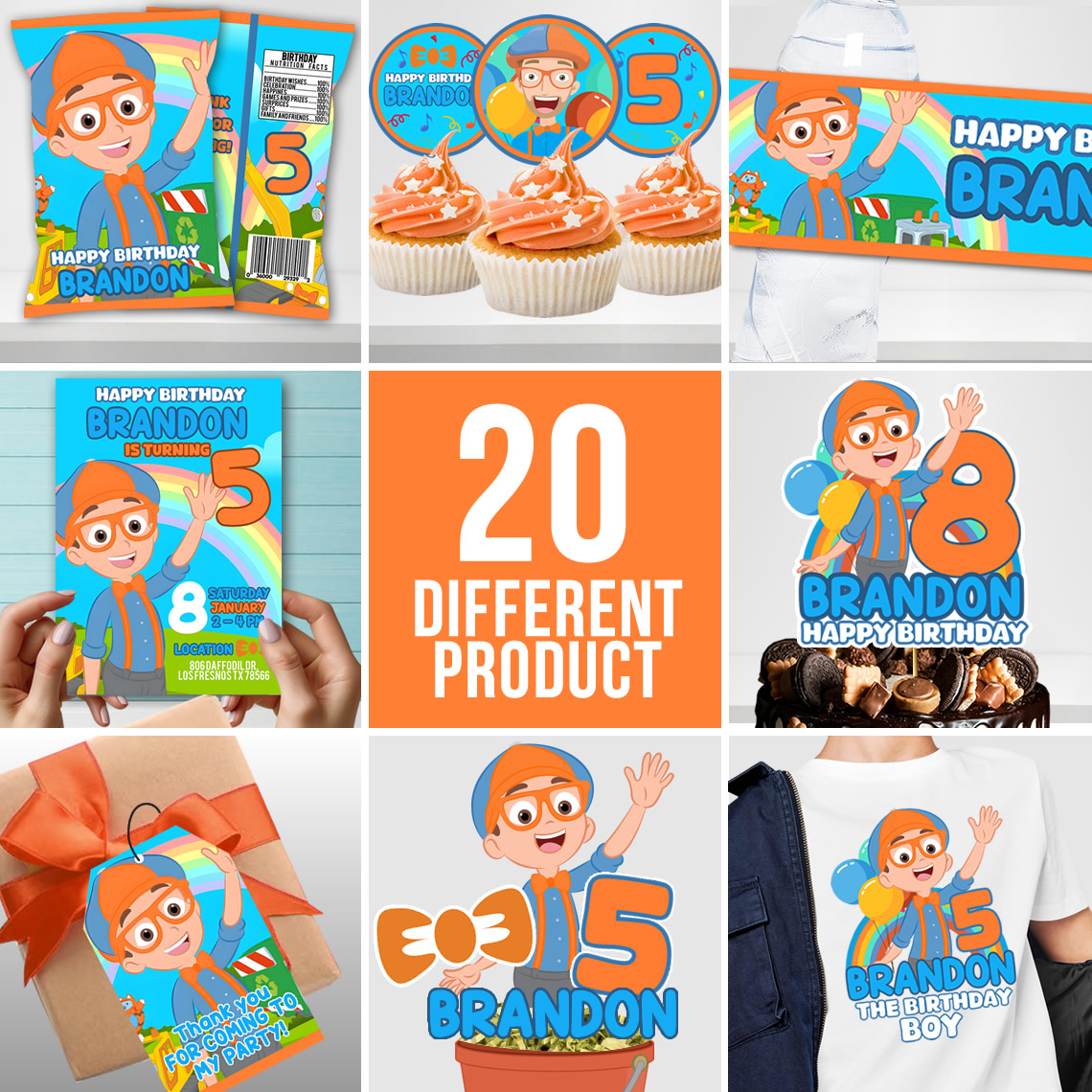 Blippi Editable Party Bundle – 20 Printable Decorations for Boys Birthday