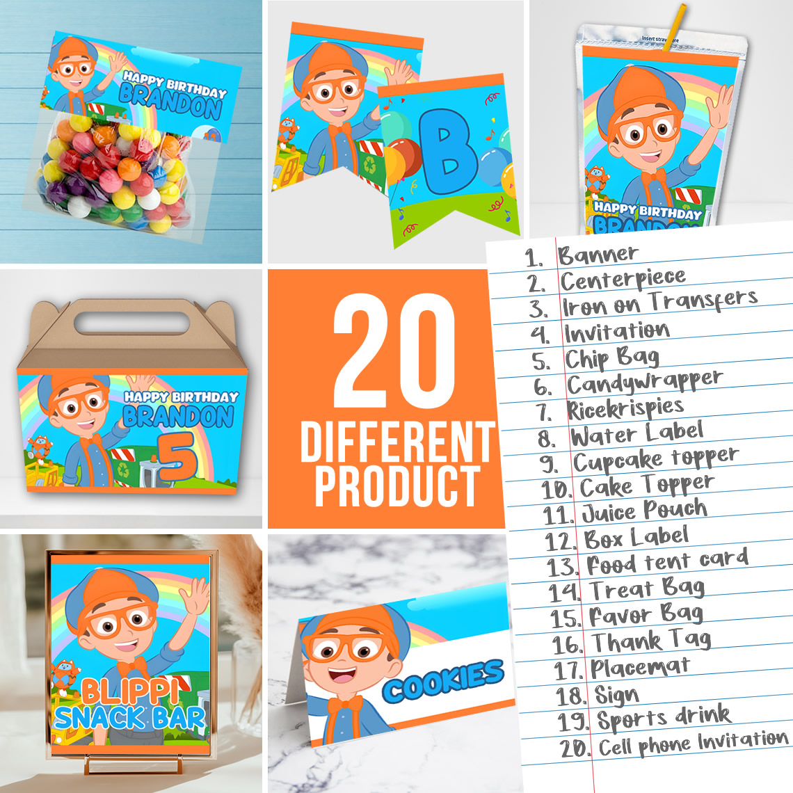 Blippi Editable Party Bundle – 20 Printable Decorations for Boys Birthday
