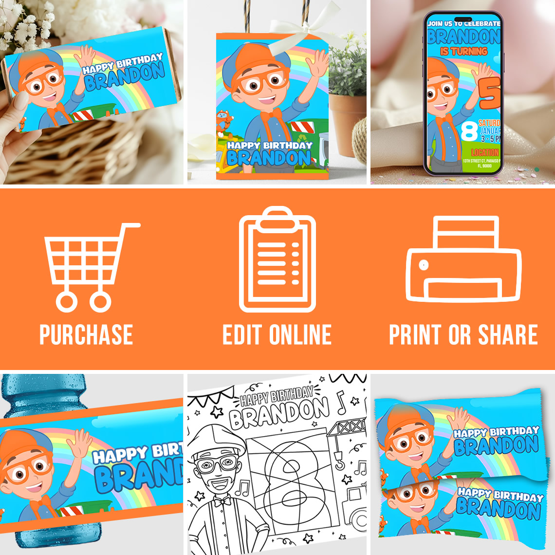 Blippi Editable Party Bundle – 20 Printable Decorations for Boys Birthday