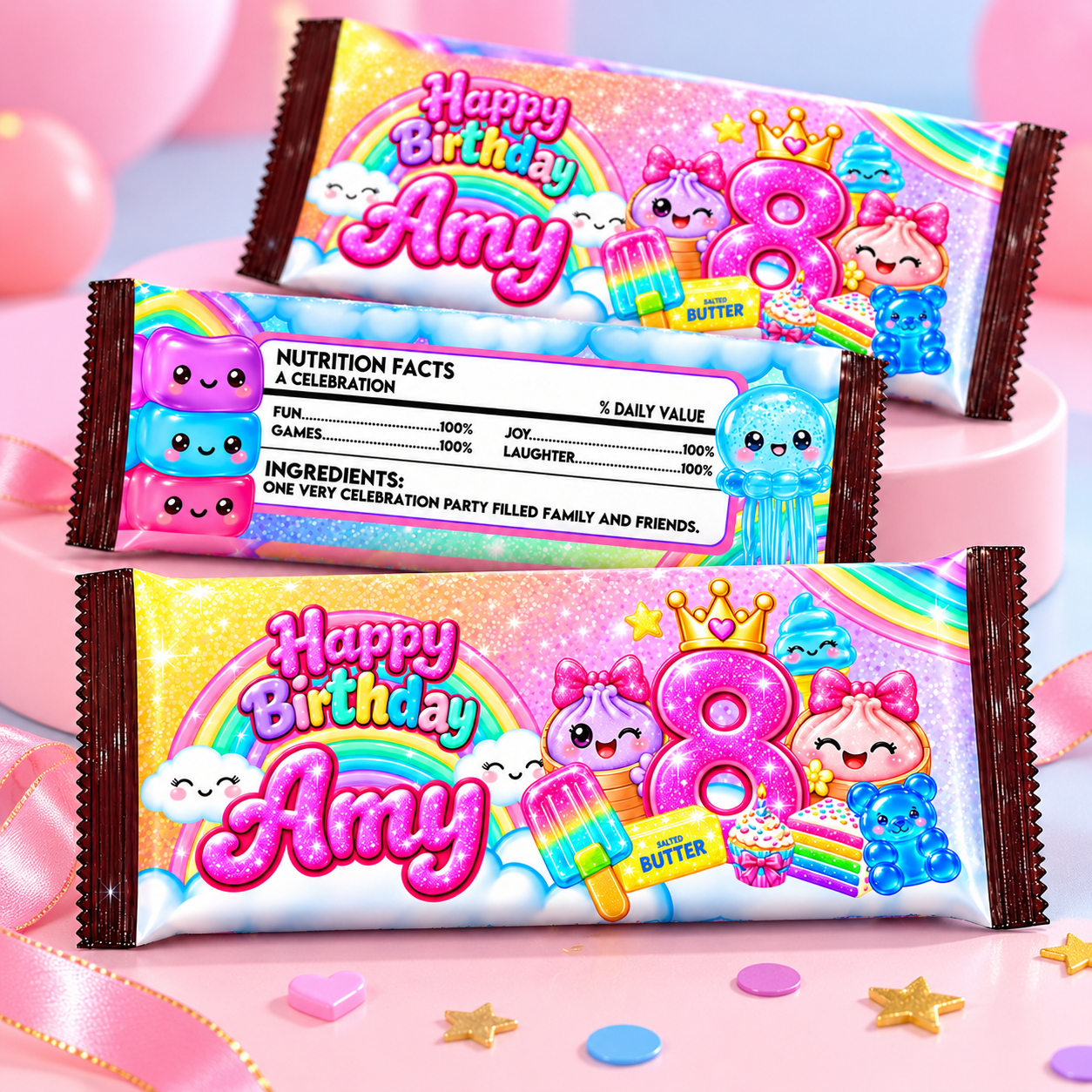 Squishy Birthday Candy Bar Wrappers, Kawaii Rainbow Chocolate Bar Labels - Image 2
