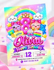 Squishy Birthday Invitation, Personalized Kawaii Rainbow Printable Birthday Invite