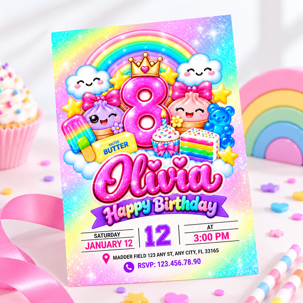 Squishy Birthday Invitation, Personalized Kawaii Rainbow Printable Birthday Invite