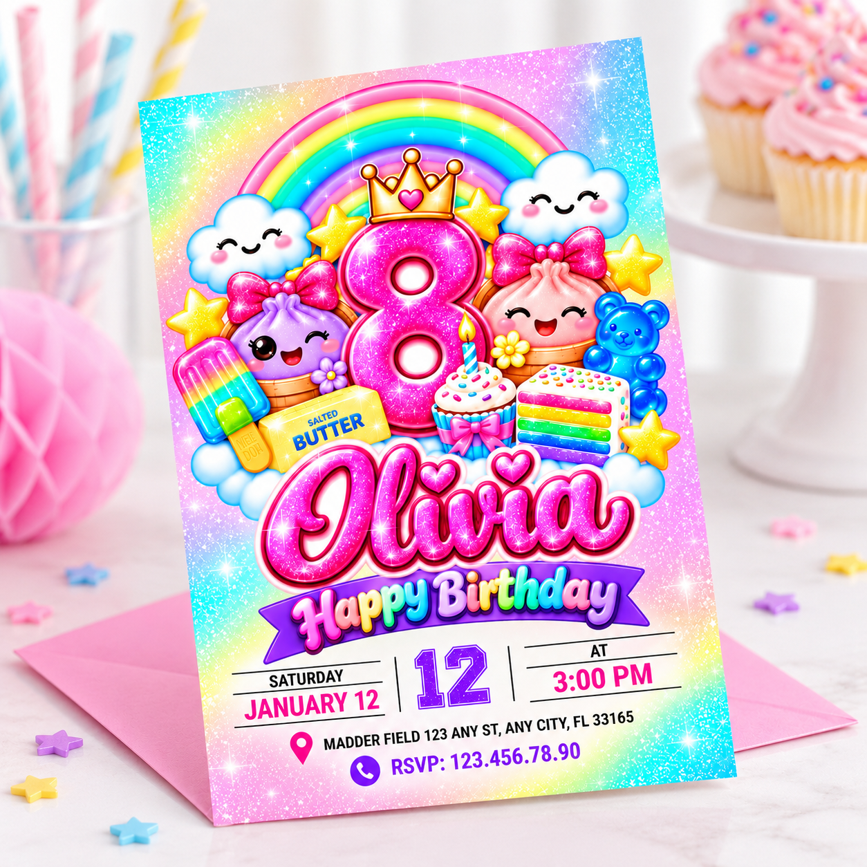 Squishy Birthday Invitation, Personalized Kawaii Rainbow Birthday Invite, Cute Printable Girls Birthday Party Invitation - Image 2