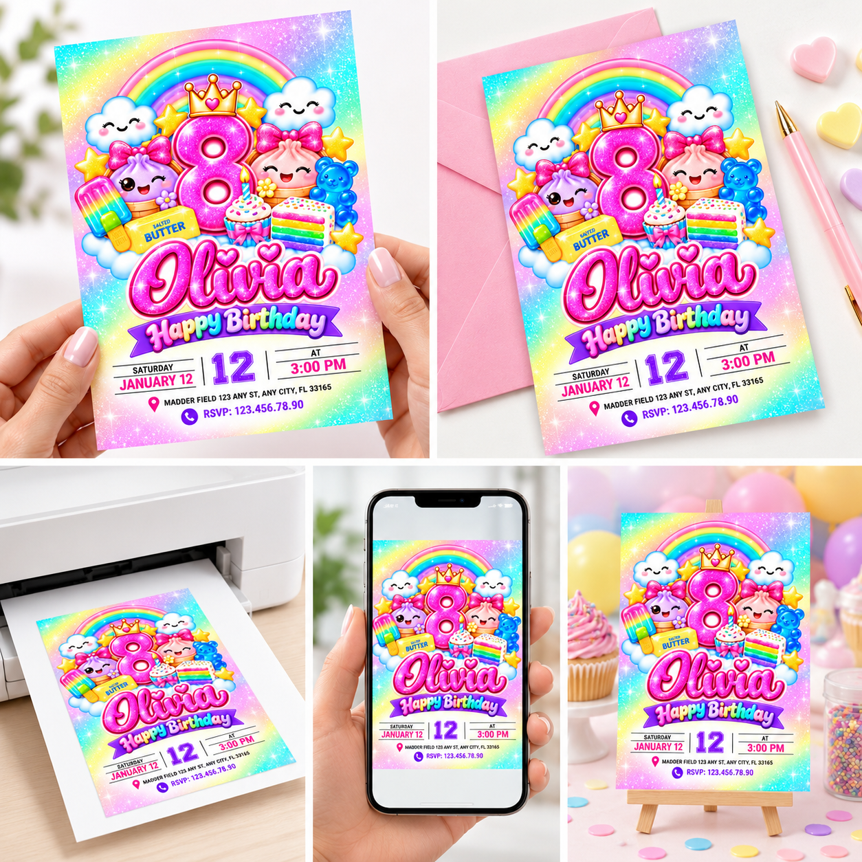 Squishy Birthday Invitation, Personalized Kawaii Rainbow Birthday Invite, Cute Printable Girls Birthday Party Invitation - Image 3