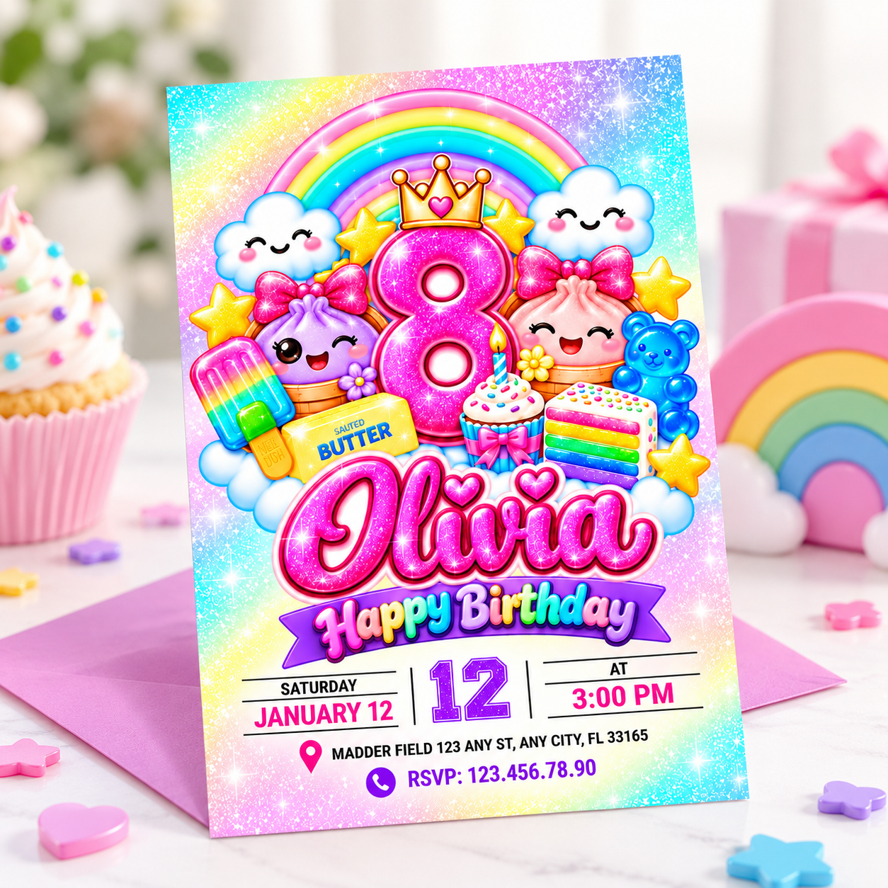 Squishy Birthday Invitation, Personalized Kawaii Rainbow Birthday Invite, Cute Printable Girls Birthday Party Invitation - Image 4