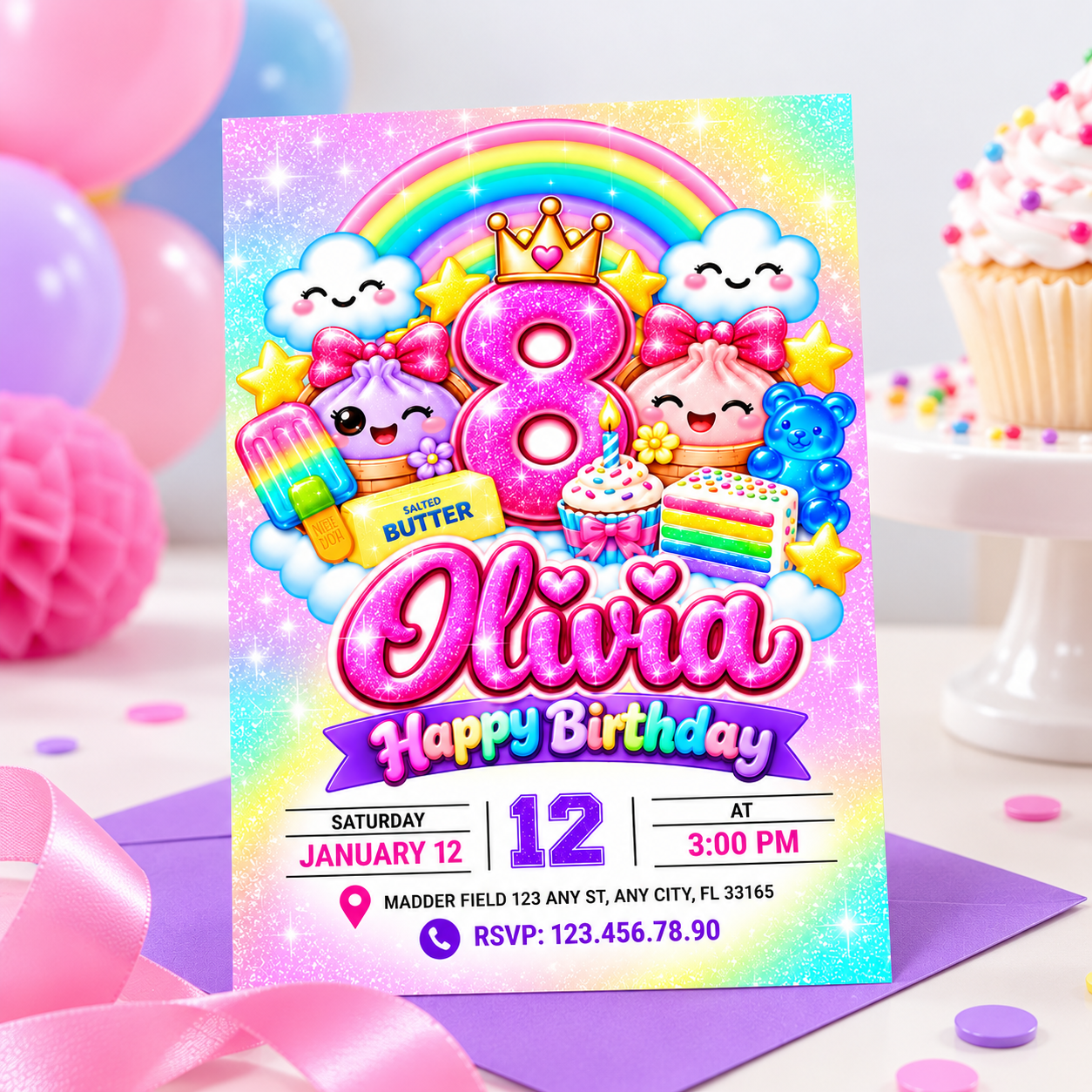 Squishy Birthday Invitation, Personalized Kawaii Rainbow Printable Birthday Invite